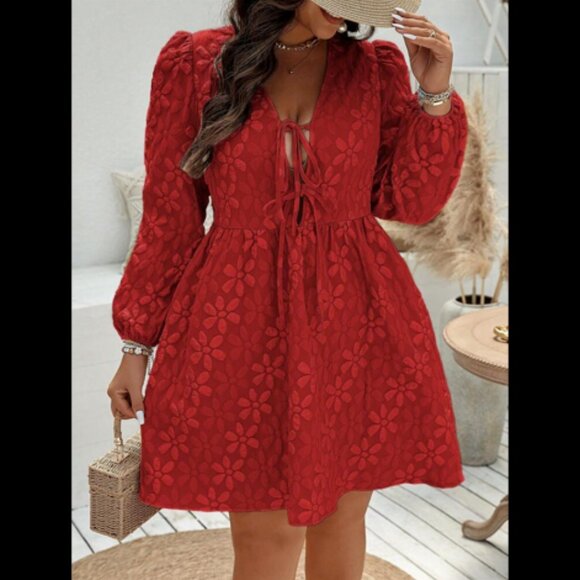 Red Bow Front Long Sleeve Floral Print Balloon Sleeve Baby-doll Dress 0XL - Picture 2 of 12